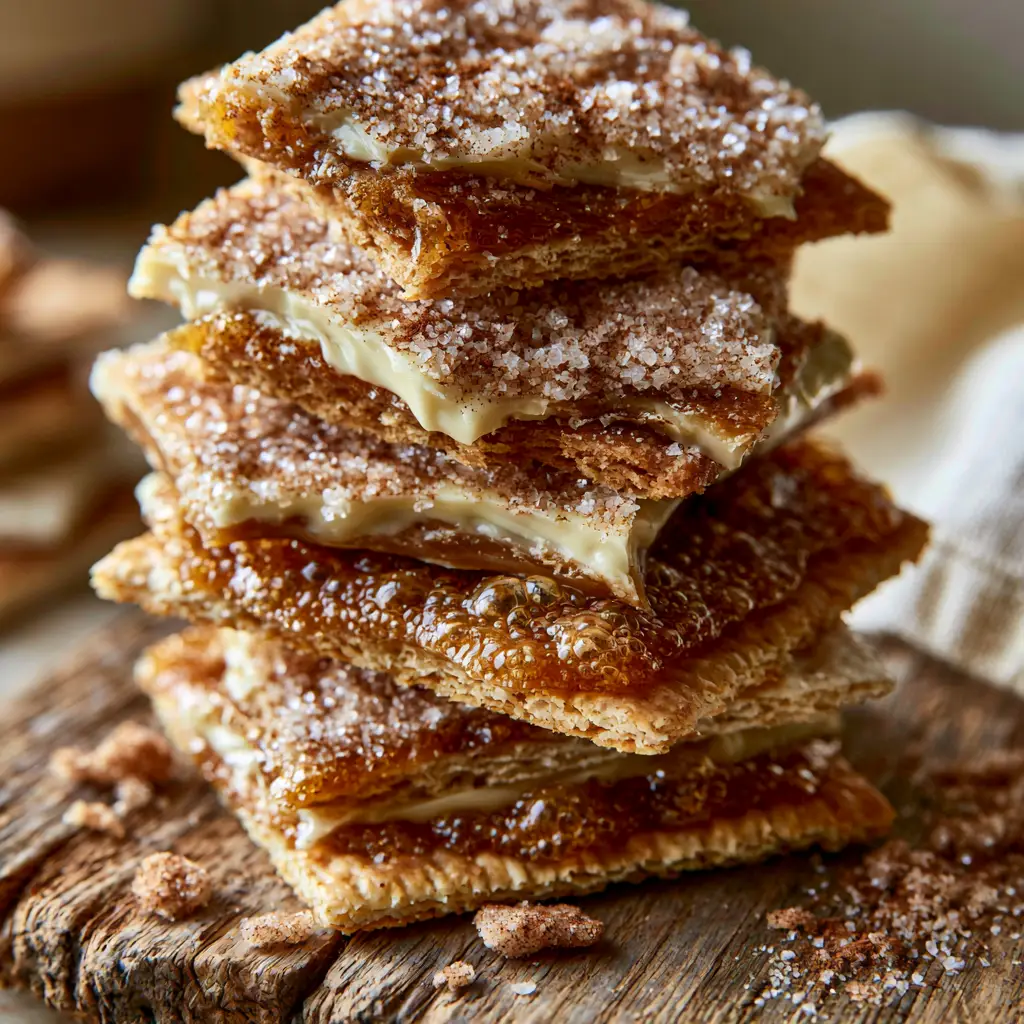 Handheld photo of a tall stack of Churro Saltine Toffee on a rustic wooden board with a linen napkin.