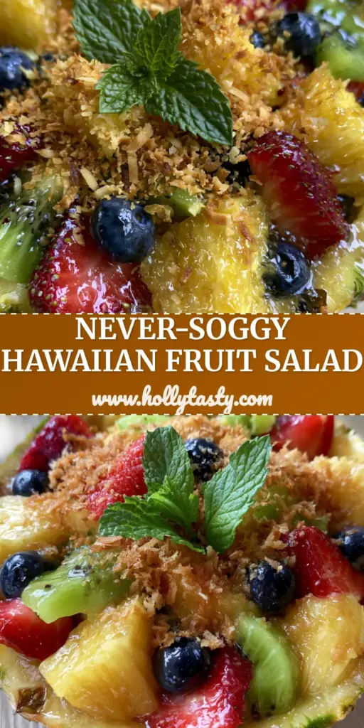 A vibrant Hawaiian Fruit Salad served in a hollowed-out pineapple shell with glistening fruit and toasted coconut garnish.