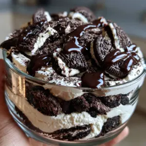 A close-up POV shot of a person holding a glass bowl of no bake oreo dessert with glossy chocolate drizzle and broken cookie chunks.