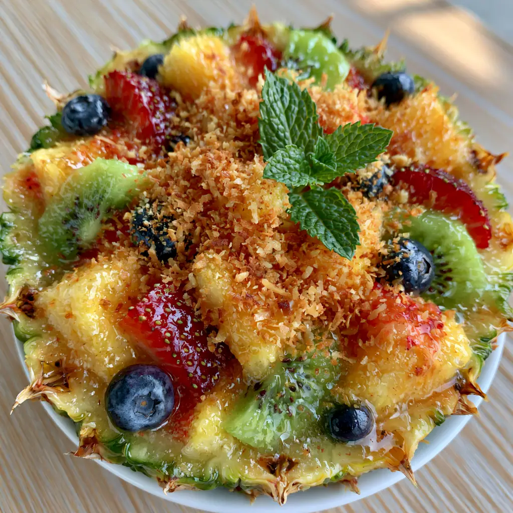 A high-angle shot of a Hawaiian Fruit Salad on a light wood patio table during golden hour.