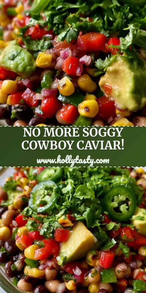A top-down macro shot of vibrant Cowboy Caviar Dip in a glass bowl on a white marble surface, showing charred corn and creamy avocado. (Cowboy Caviar Dip)