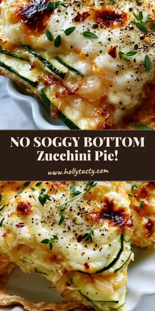 A thick, cheesy slice of Zucchini Onion Pie being lifted from a white ceramic dish, showing distinct layers of zucchini and caramelized onions.