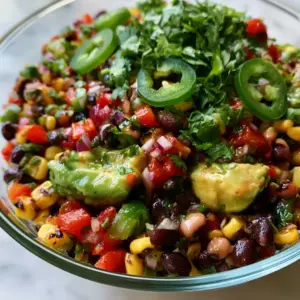 Close-up macro shot of Cowboy Caviar Dip with matte black beans, bright bell peppers, and glossy lime vinaigrette. (Cowboy Caviar Dip)