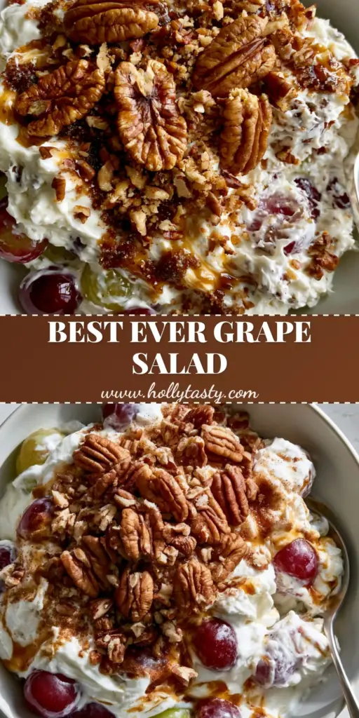 A close-up vertical shot of Southern Grape Salad with thick cream cheese dressing, toasted pecans, and dissolving brown sugar. (Creamy Grape Salad Recipe)