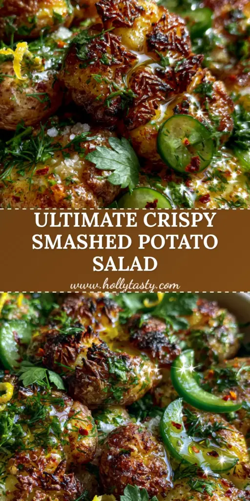 A vibrant bowl of smashed potato salad showing crispy golden-brown edges, green herbs, and thin cucumber slices in a ceramic bowl.
