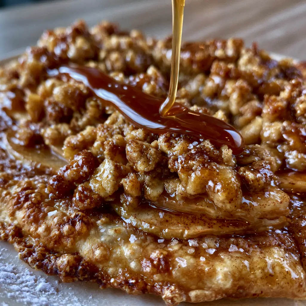 A close up of apple crisp pizza being drizzled with a thick amber caramel sauce ribbon.