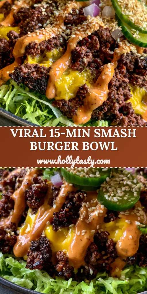 A close-up vertical shot of a Smash Burger Bowl featuring crispy seared beef, melted cheddar, and a thick orange sauce zigzag drizzle over shredded romaine.