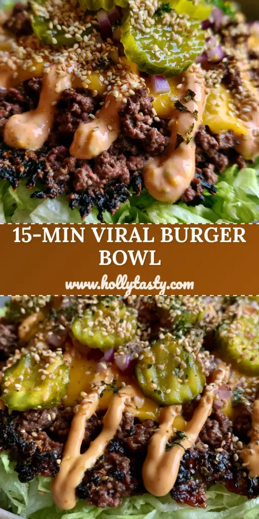 A close-up vertical shot of a smash burger bowl with charred beef, orange sauce, and pickles, perfect for Pinterest.