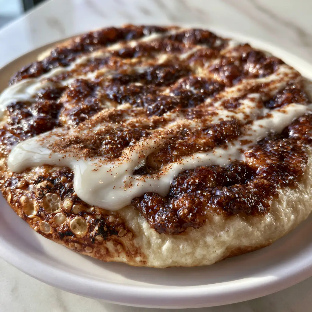 Extreme close-up of the charred bubbles and golden crust of a Sweet Cinnamon Swirl Pizza.