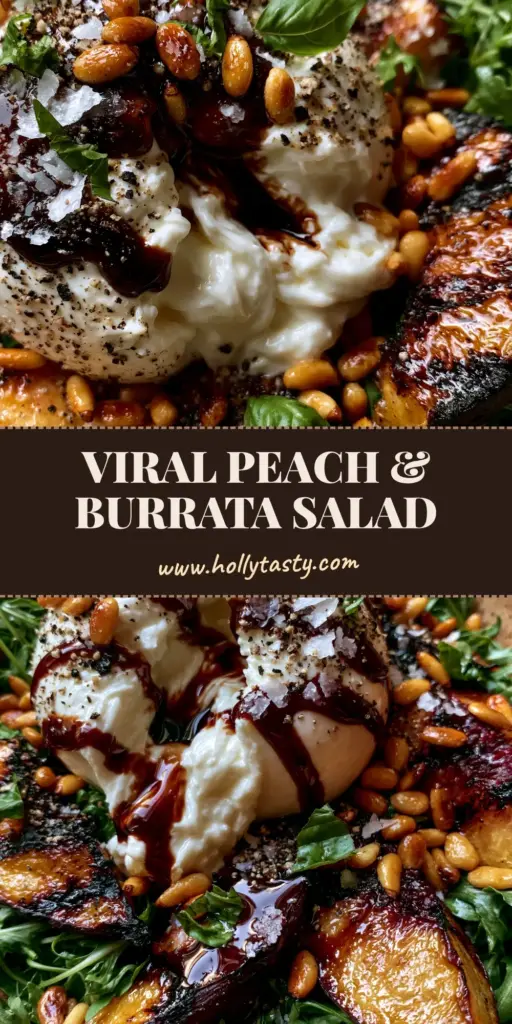 A close-up of a finished peach salad recipe with grilled peaches, torn burrata, and balsamic glaze in a rustic bowl.