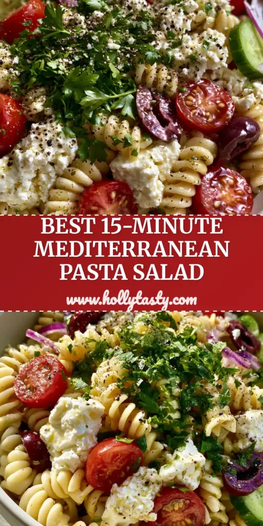 A top-down view of a vibrant Mediterranean Pasta Salad in a white bowl, featuring rotini, feta, olives, and tomatoes under soft natural light.