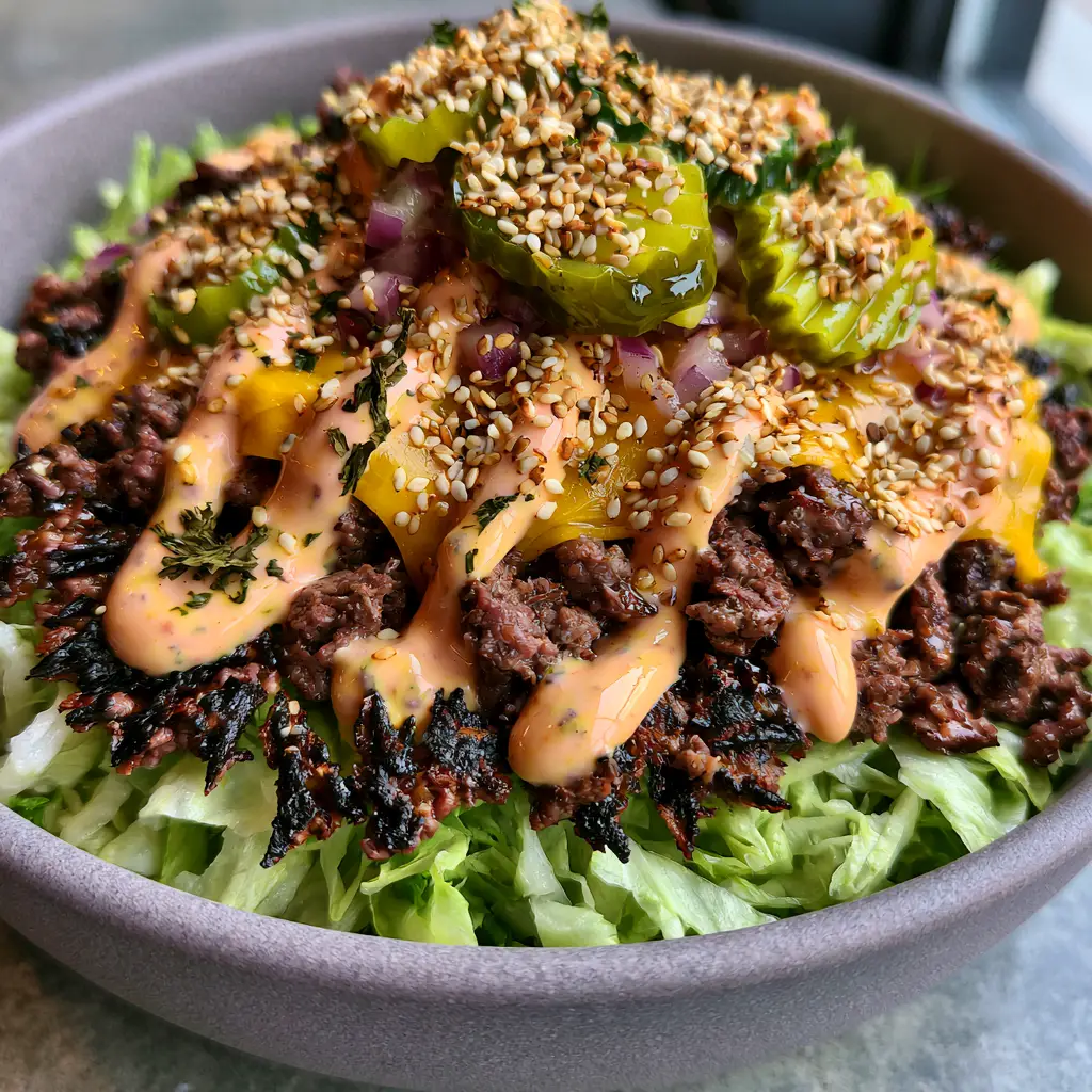 Detailed view of melted sharp cheddar and neon-green pickles on a smash burger bowl.