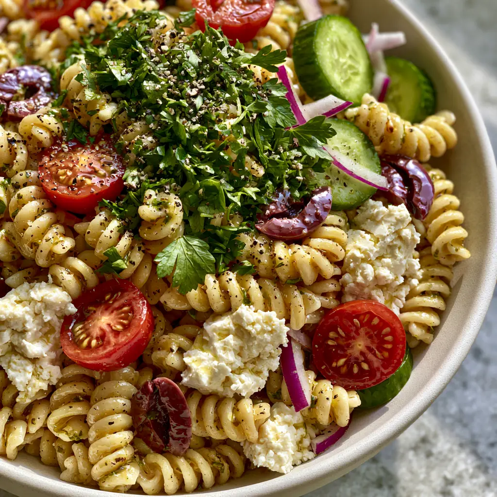 Extreme close-up of glistening rotini pasta spirals with creamy feta and purple kalamata olives in a Mediterranean Pasta Salad.