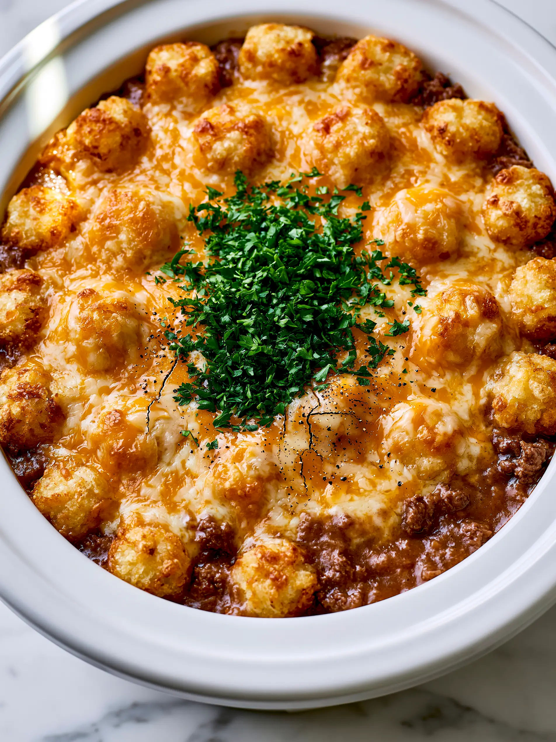 Macro shot of melted sharp cheddar and monterey jack cheese bubbling over browned ground beef in a slow cooker cowboy casserole.