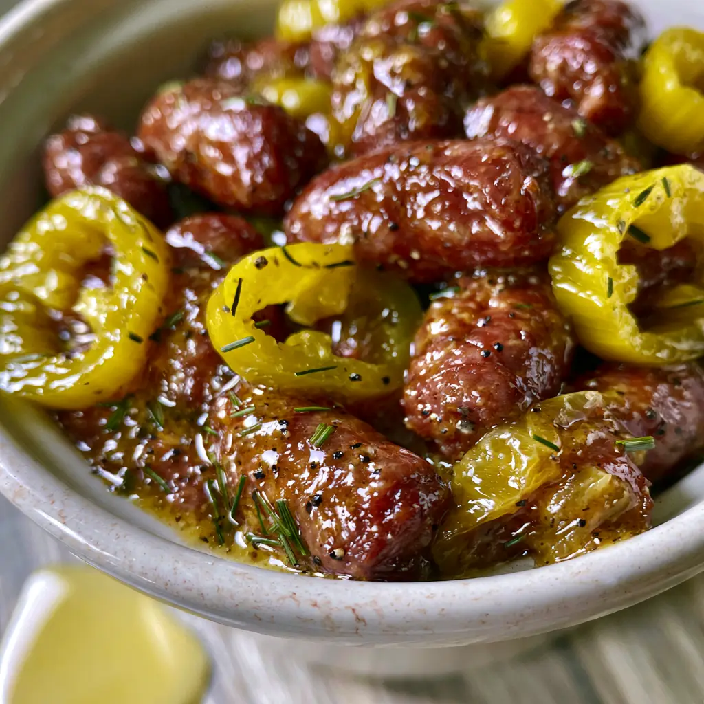 Close-up of plump Mississippi Lil' Smokies with sliced pepperoncini rings in a rustic ceramic pot.