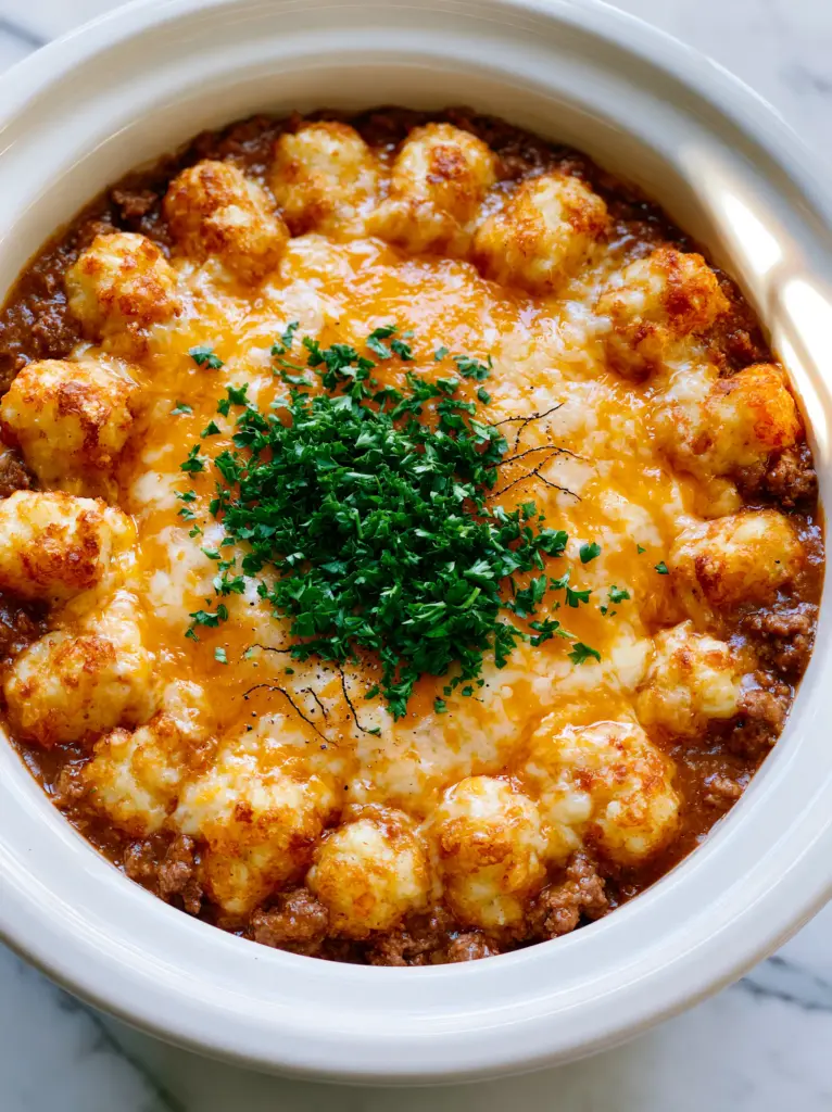 Symmetrical pattern of golden-brown crispy tater tots topped with cracked black pepper and fresh parsley in a slow cooker cowboy casserole.