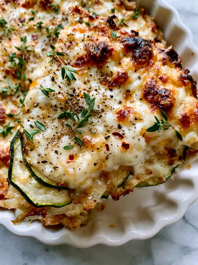 A close-up of a Zucchini Onion Pie showing the savory shortcrust foundation and the egg-and-cheese custard bind.