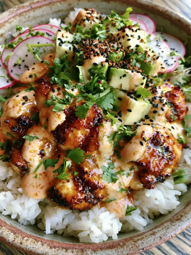 Artistic drizzle of peanut-coconut sauce over a chicken rice bowl garnished with radish and sesame seeds.