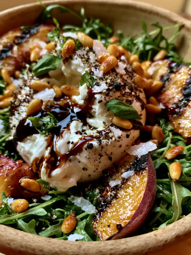Extreme close-up of glistening grilled peach wedges with dark charred marks and syrupy balsamic glaze.