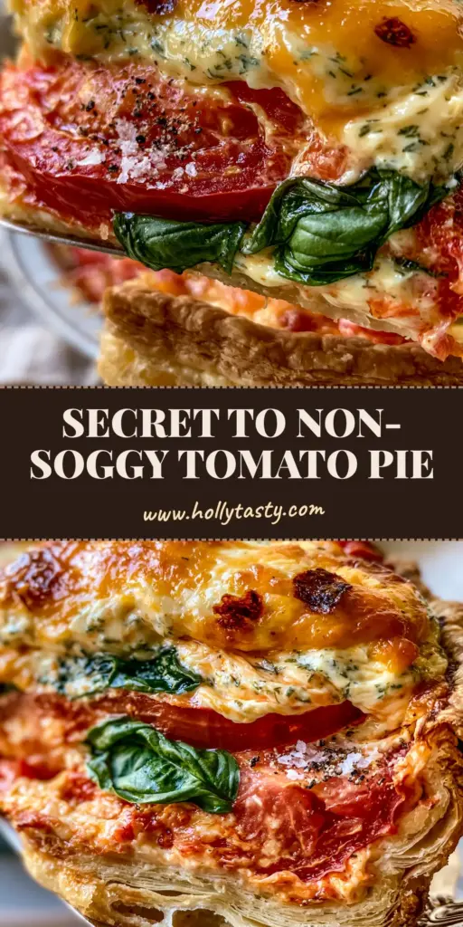 A perfect slice of Southern Tomato Pie being lifted to show thick heirloom tomato layers and bubbly golden cheese.