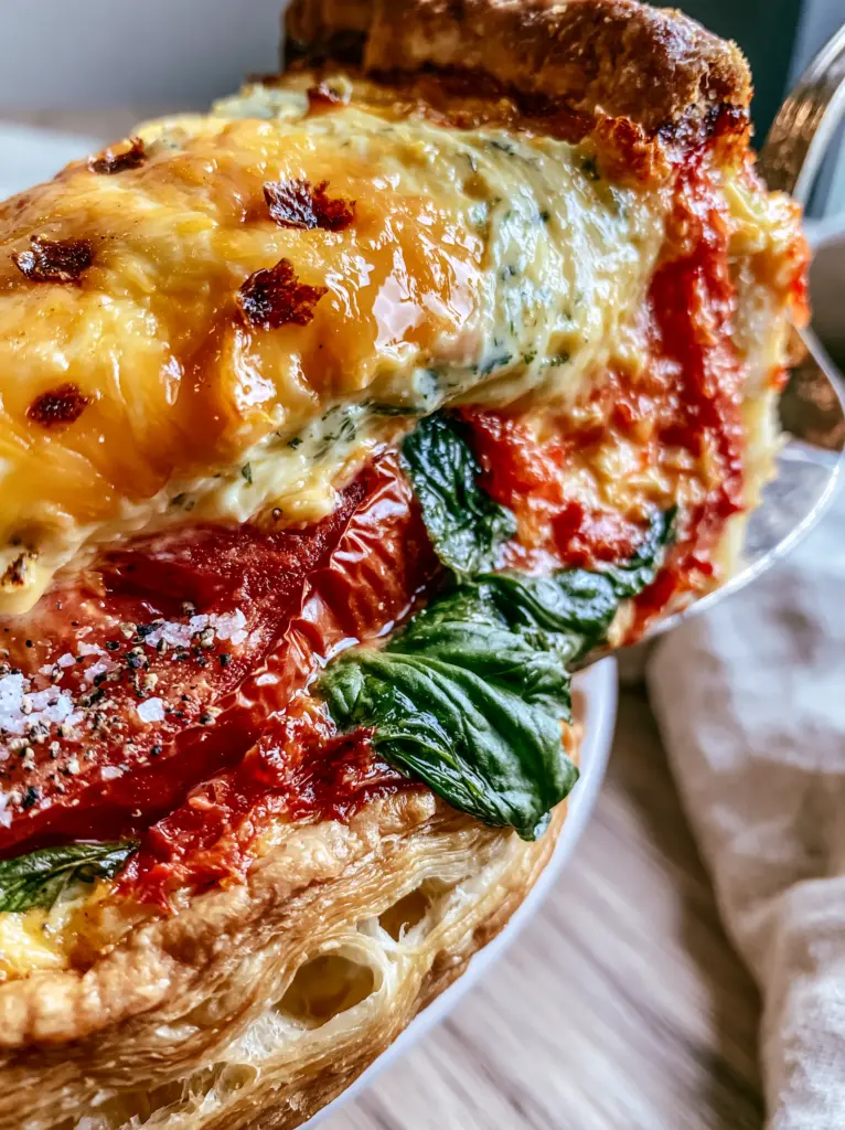 Overhead view of a Southern Tomato Pie with molten bubbly cheddar topping and toasted brown spots.