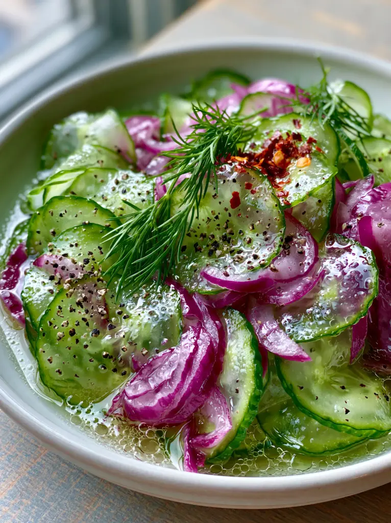 Side-lit view of a glistening vinegar brine with bubbles, peppercorns, and fresh dill. (Cucumbers and onions in vinegar)