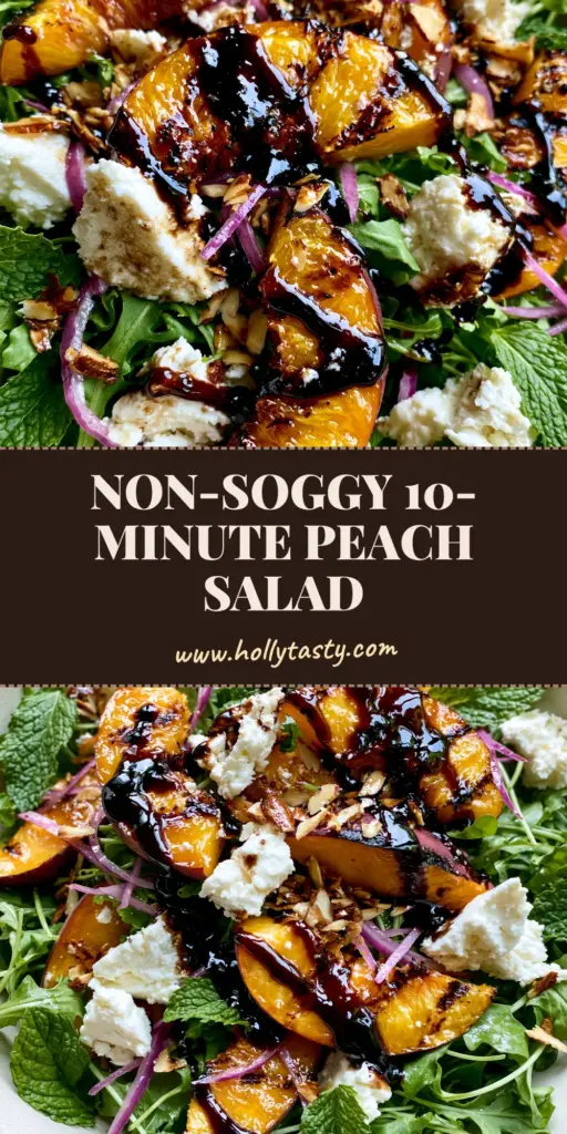 A vibrant peach feta salad with grilled wedges, rustic feta crumbles, and balsamic glaze in a white bowl. (peach feta salad)