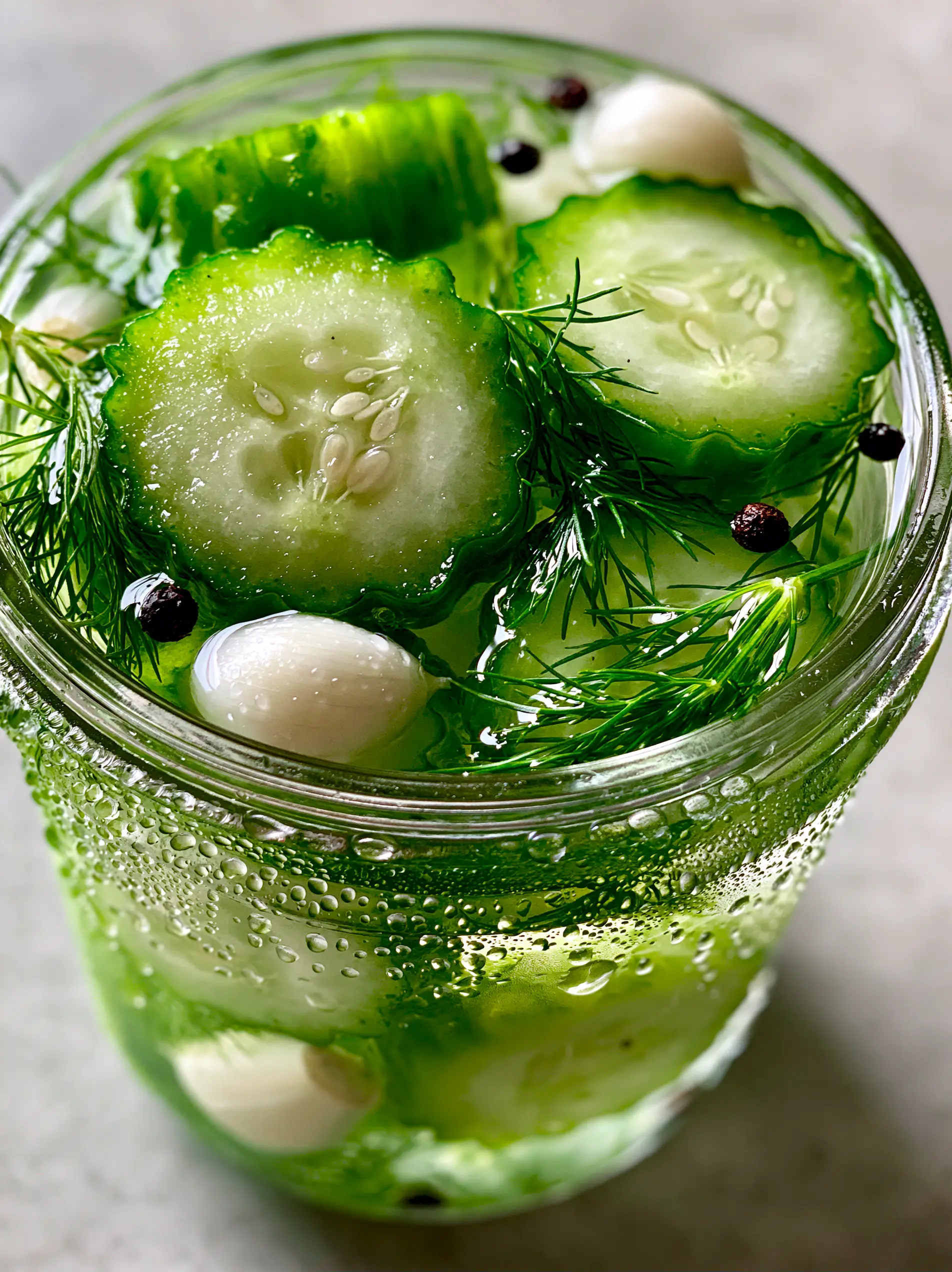 A macro photo of an ice-cold glass jar filled with Refrigerator pickles showing condensation and clear brine.