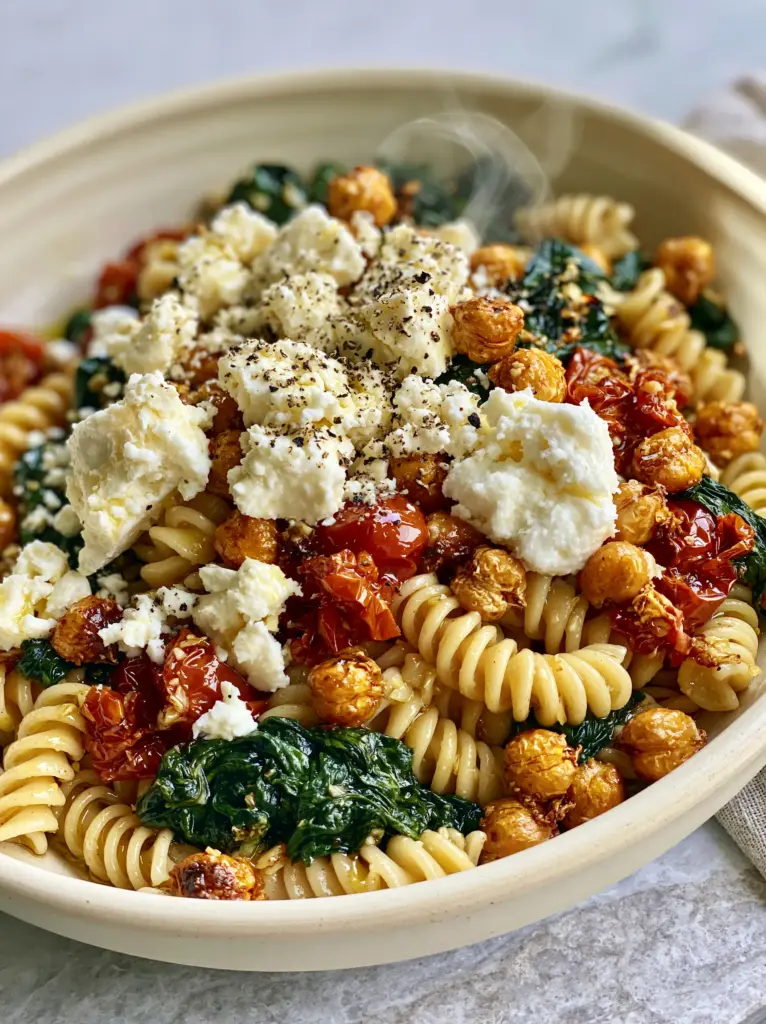 Slightly overhead shot showing steam rising from a bowl of vegetarian fusilli with roasted chickpeas.