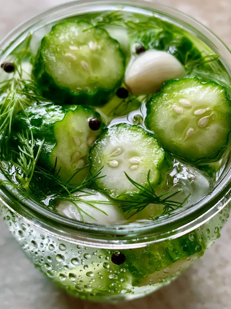 Detailed view of pale white cucumber flesh and deep green skin of crinkle-cut Refrigerator pickles.