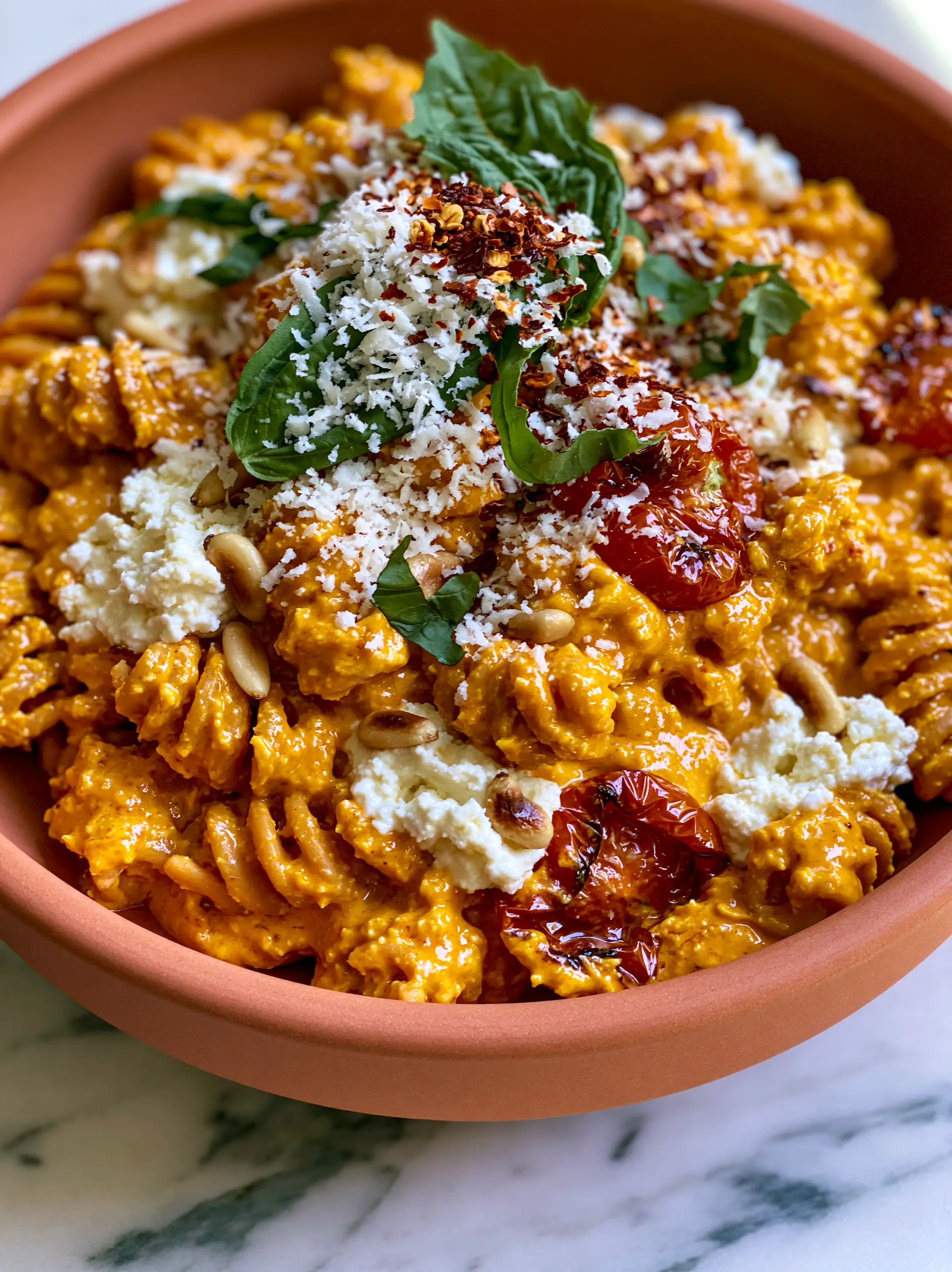 Extreme close-up of glossy golden-orange harissa sauce on chickpea rotini with blistered tomatoes. (recipe ideas)