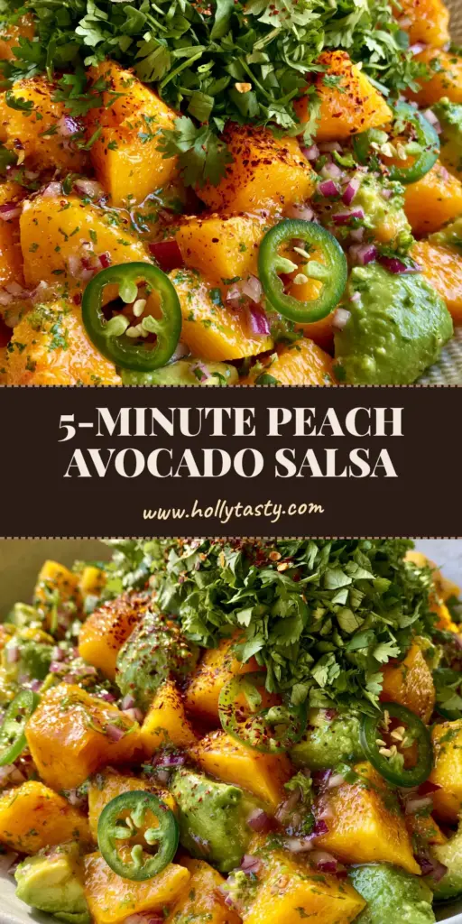 A close-up shot of vibrant peach avocado salsa featuring chunky orange peaches and green avocado in a white bowl. (Peach avocado salsa)
