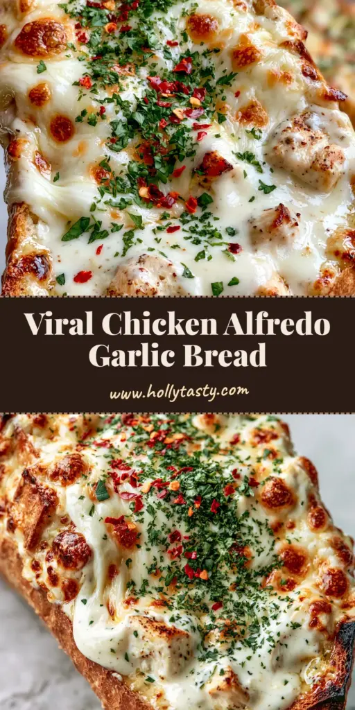 A handheld smartphone photo of chicken alfredo garlic bread being lifted to show a dramatic, thick mozzarella cheese pull.