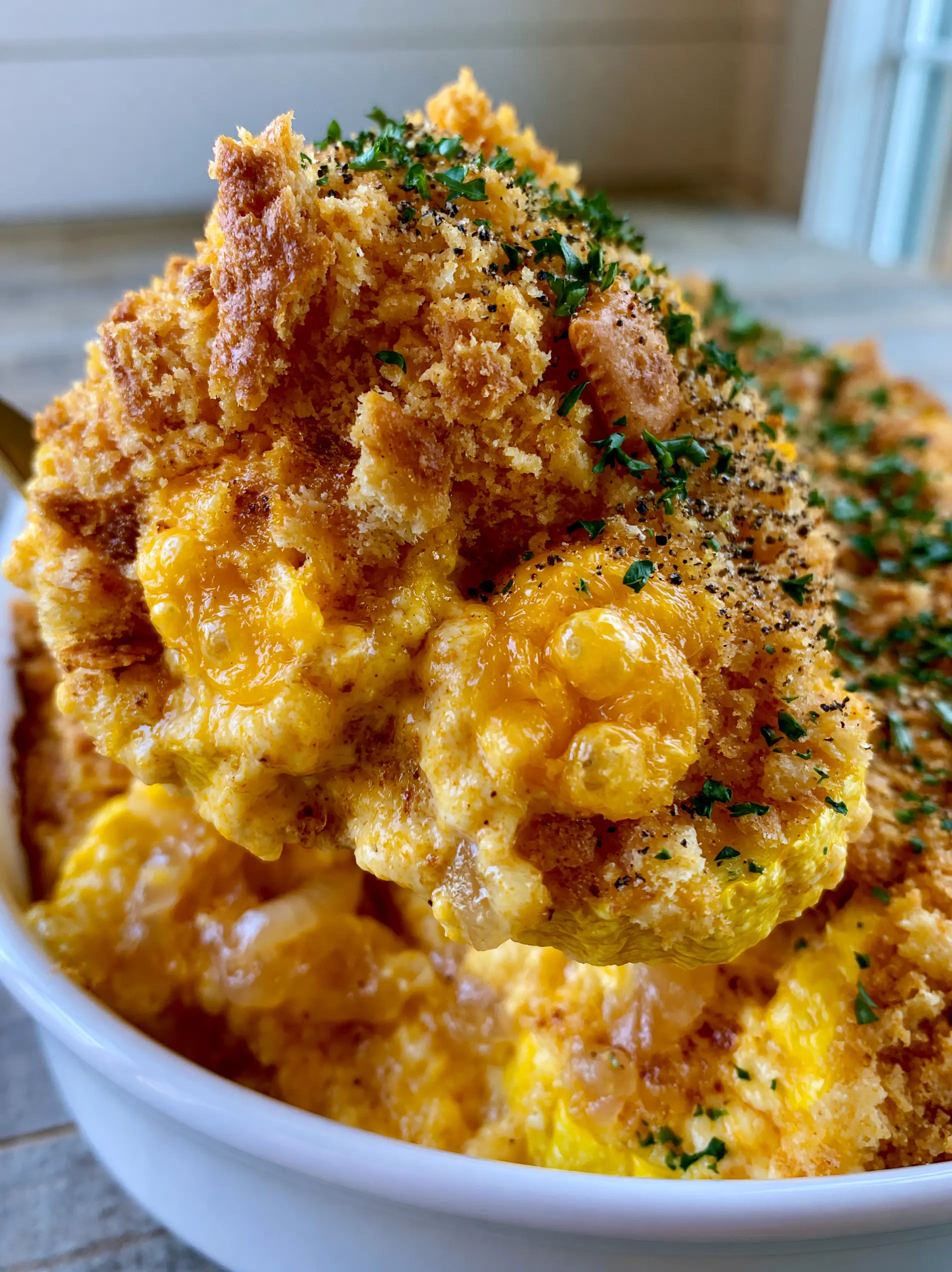 A handheld scoop of Squash casserole being lifted from a ceramic dish, showing yellow squash medallions and thick cheese sauce.