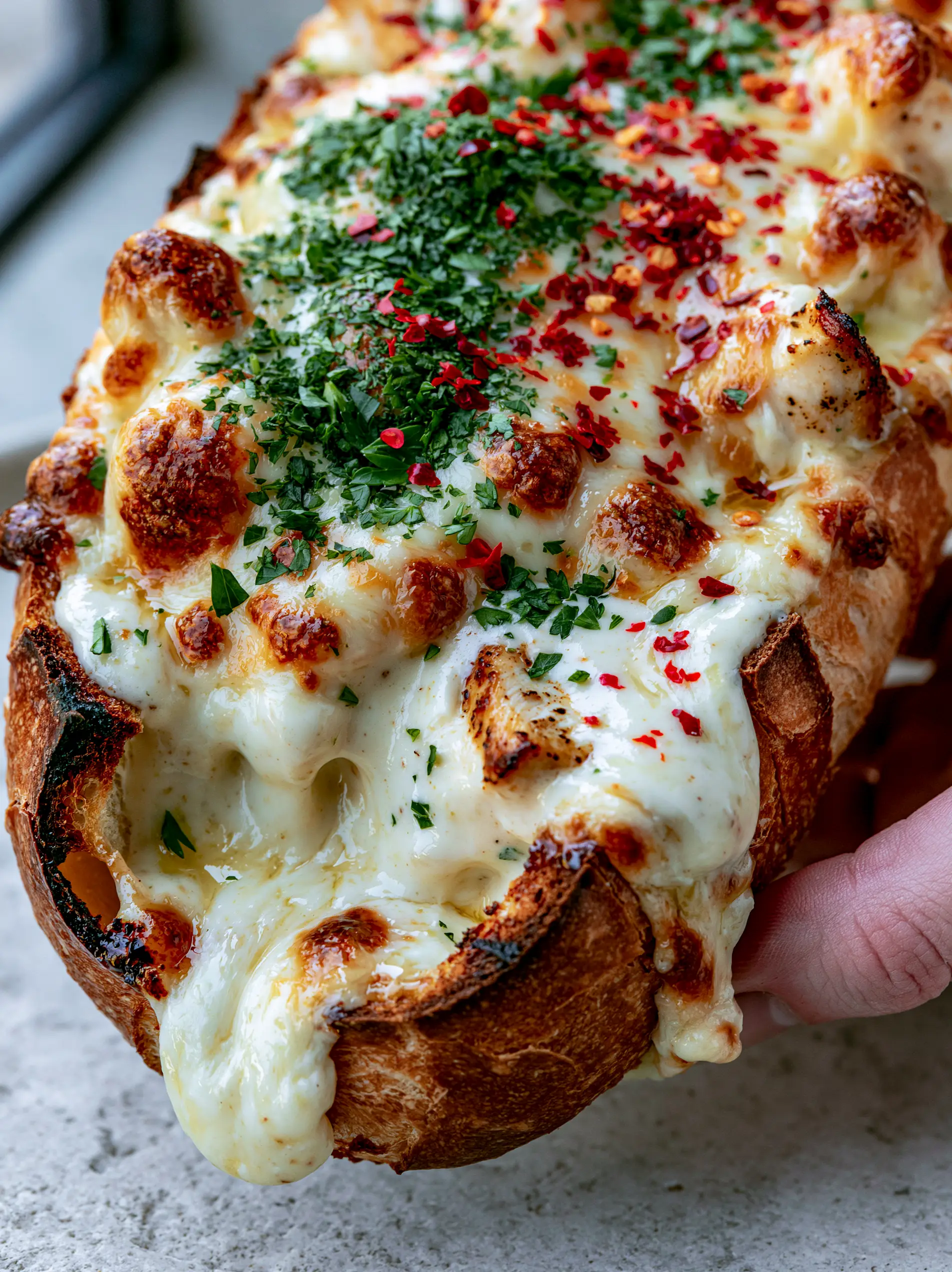 Close-up of chicken alfredo garlic bread with seared chicken, bubbly mozzarella, and charred baguette edges.