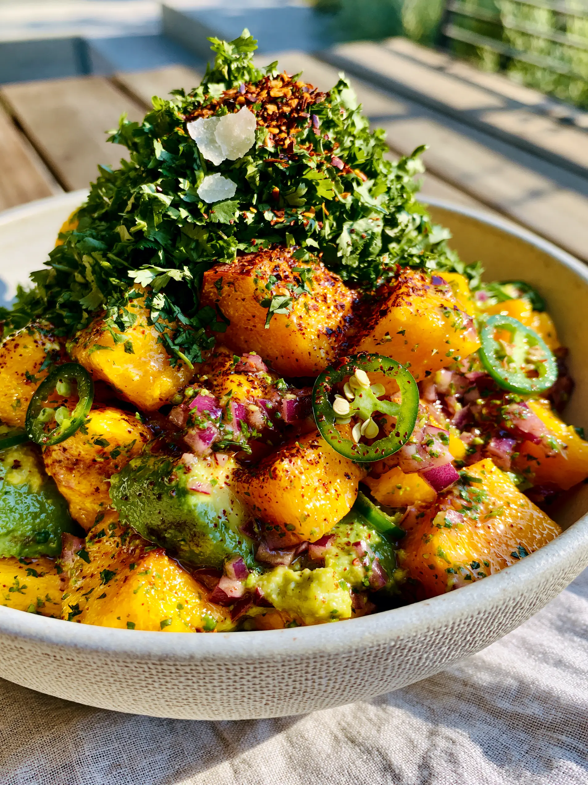 A macro handheld photo of chunky peach and avocado cubes with a glistening lime glaze and fresh cilantro. (Peach avocado salsa)