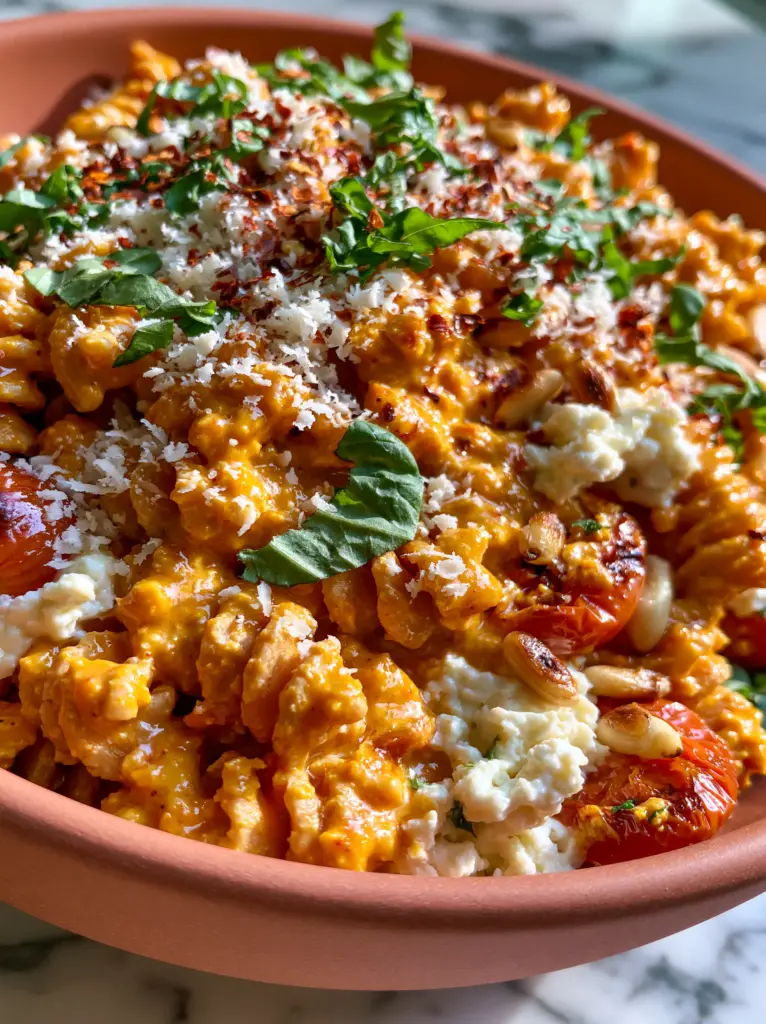 Macro shot of ricotta dollops and charred cherry tomatoes on a bed of Mediterranean pasta.