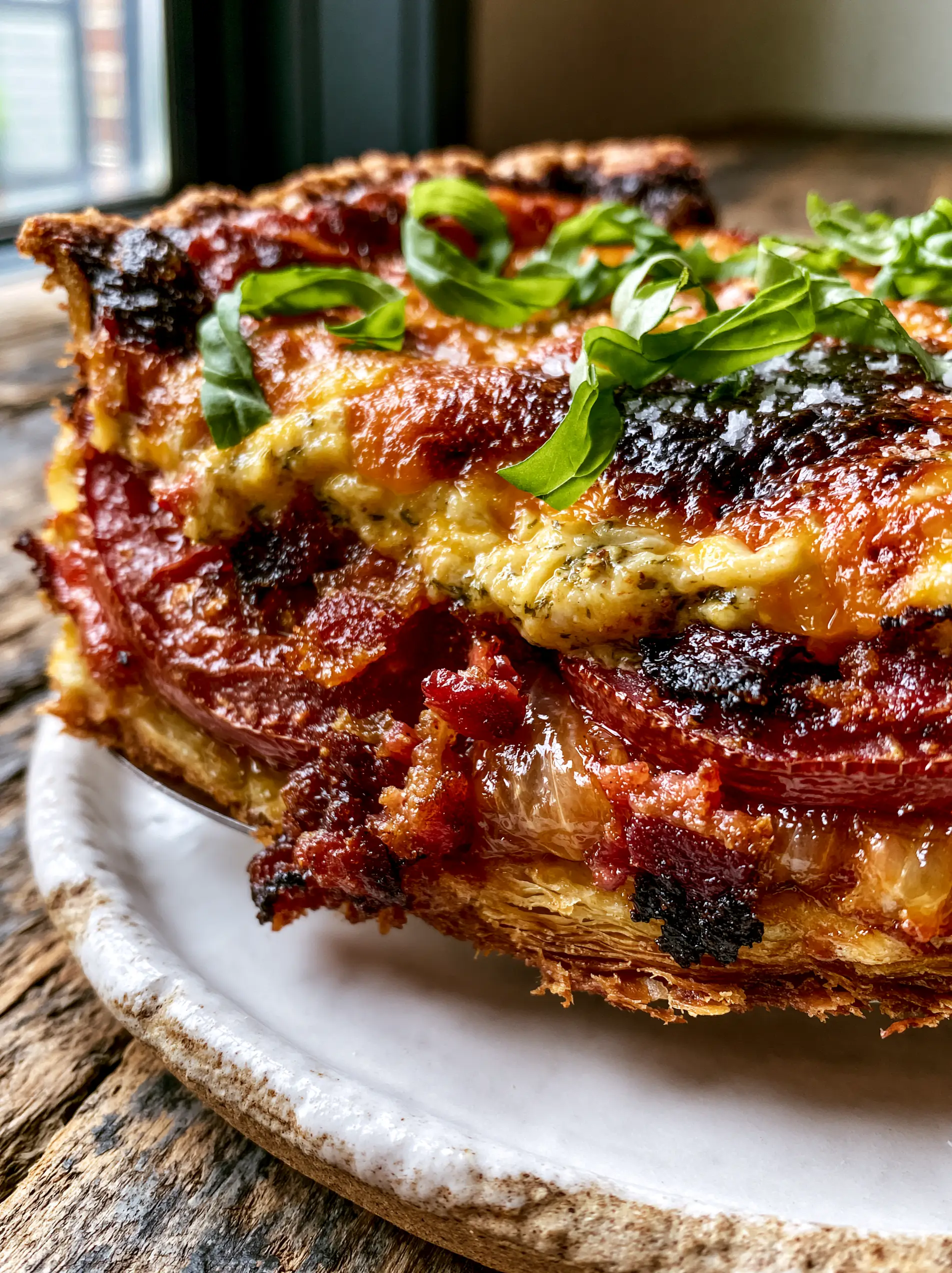 A side-profile macro shot of a single slice of bacon onion tomato pie showing layers of tomatoes, onions, and flaky crust.