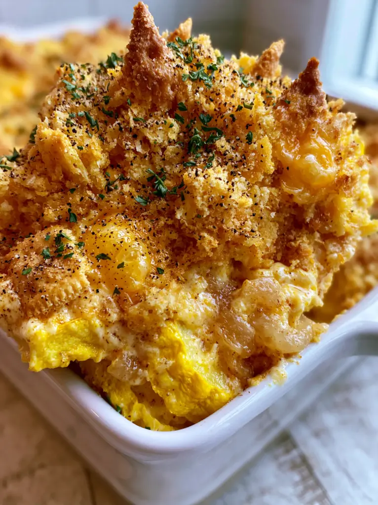 Close up view of the jagged Ritz cracker crust on top of a bubbly Squash casserole.