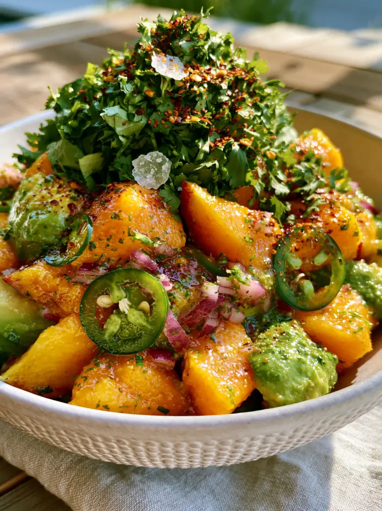 Vibrant fruit salsa in a white ceramic bowl showing thin-sliced jalapeños and ruby red onions.