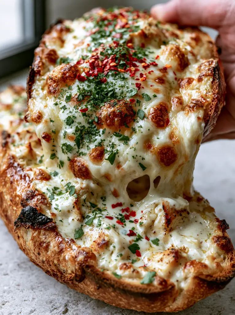 Overhead view of glistening chicken alfredo garlic bread garnished with parsley and red chili flakes.