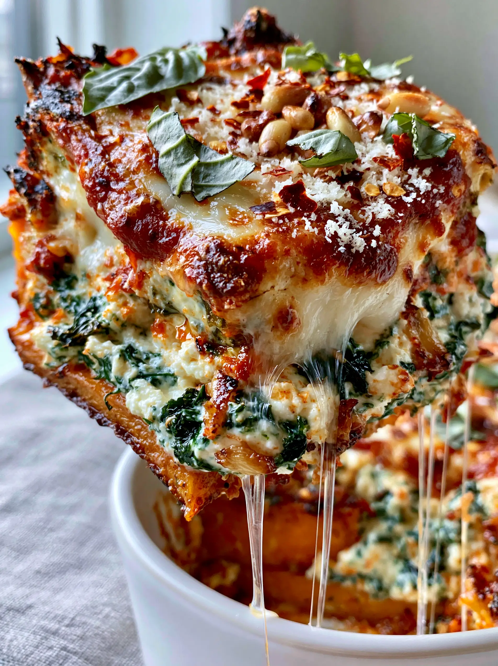A handheld photo showing a vertical lift of a vegetable lasagna slice with long cheese strands. (vegetarian dinner recipes)