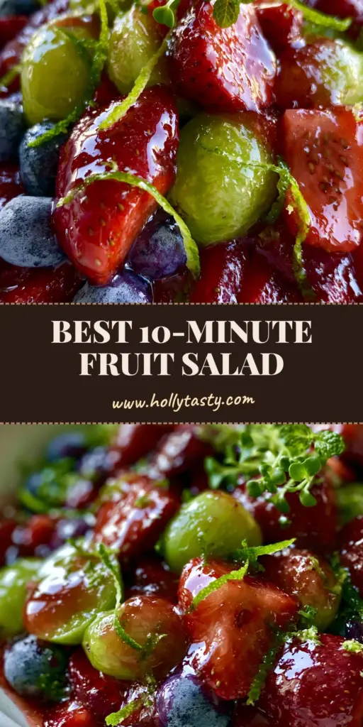 A large matte white bowl filled with a honey lime fruit salad featuring glistening sliced strawberries, blueberries, and green grapes under soft morning light.