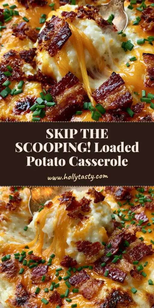 A high-angle shot of a white ceramic dish filled with twice baked potato casserole, featuring melted cheddar, crispy bacon, and fresh chives with a large cheese pull.