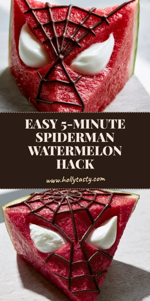 A close-up of Spiderman watermelon masks featuring precise chocolate webbing and yogurt eyes on a stone surface. (Spiderman watermelon masks)