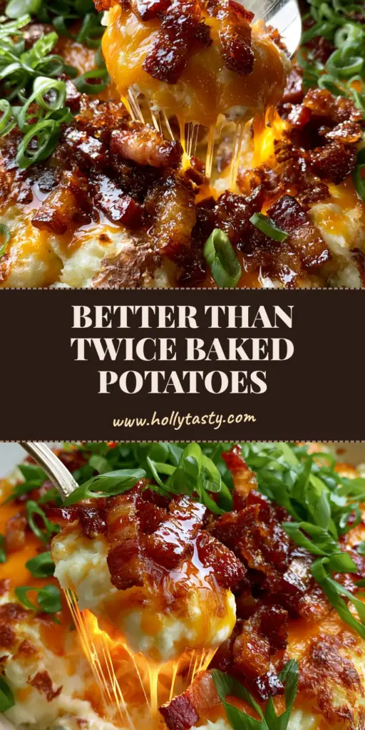 A large scoop of Baked Potato Casserole being lifted with a silver spoon, showing long cheese strands and crispy bacon toppings.