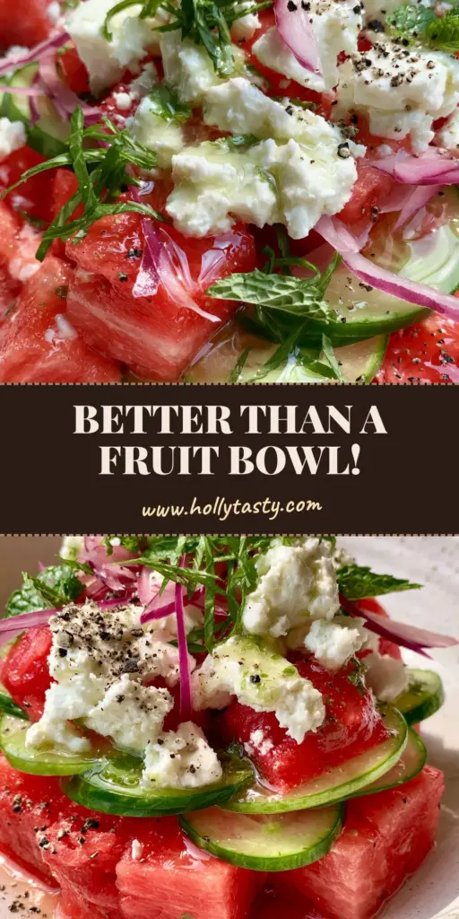 A refreshing Watermelon Cucumber Feta Salad in a white bowl, showing vibrant red cubes of watermelon, green cucumber slices, and white feta crumbles under natural sunlight.