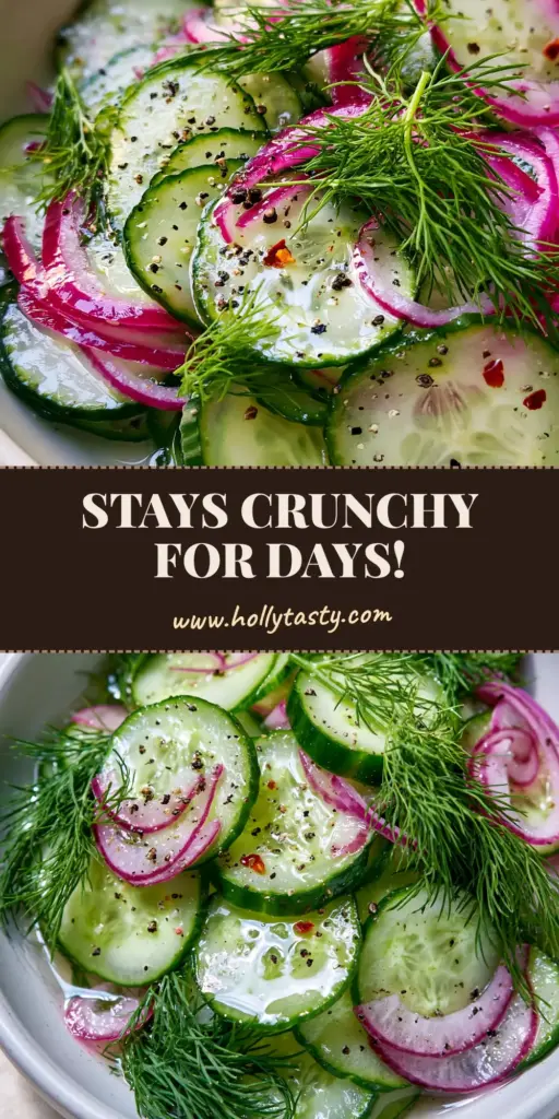 A minimalist matte white bowl filled with a vibrant vinegar cucumber salad featuring translucent cucumber rounds, red onions, and fresh dill fronds.