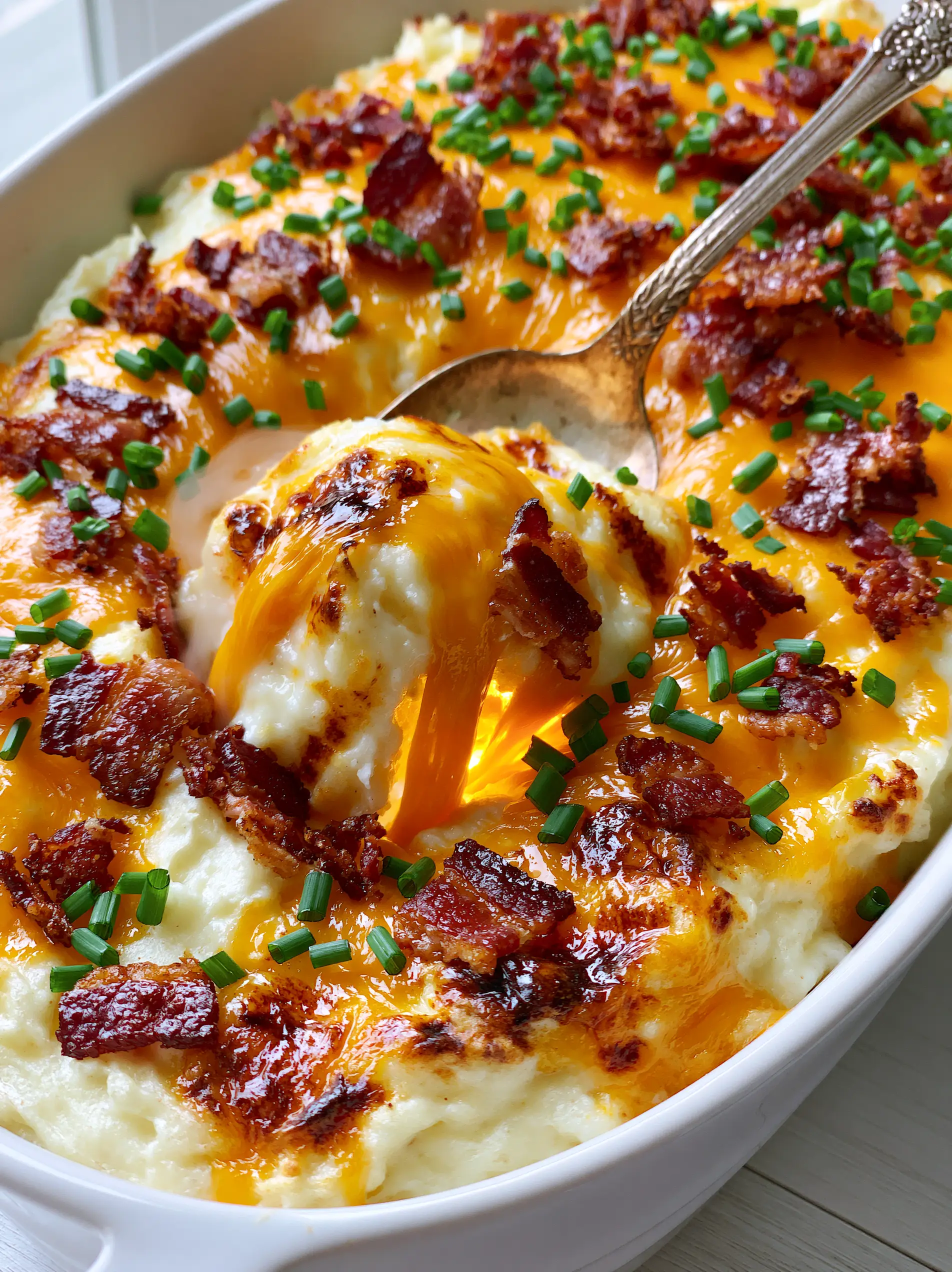 Macro shot of twice baked potato casserole in a ceramic dish showing charred golden cheese edges and crispy bacon bits.
