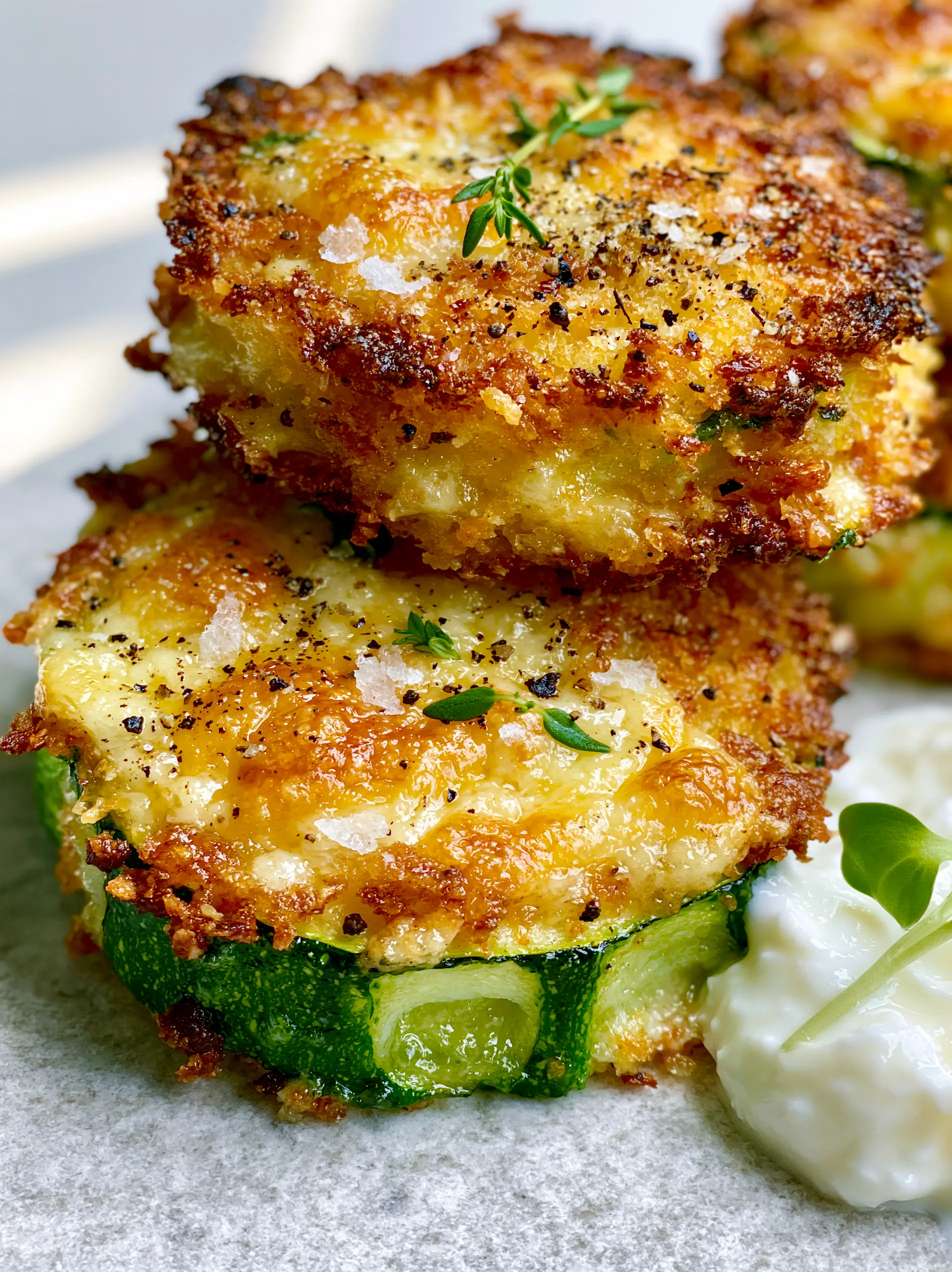 Macro close-up of golden-brown crispy parmesan-crusted zucchini with bubbling cheese and thyme flecks (easy zucchini recipes)
